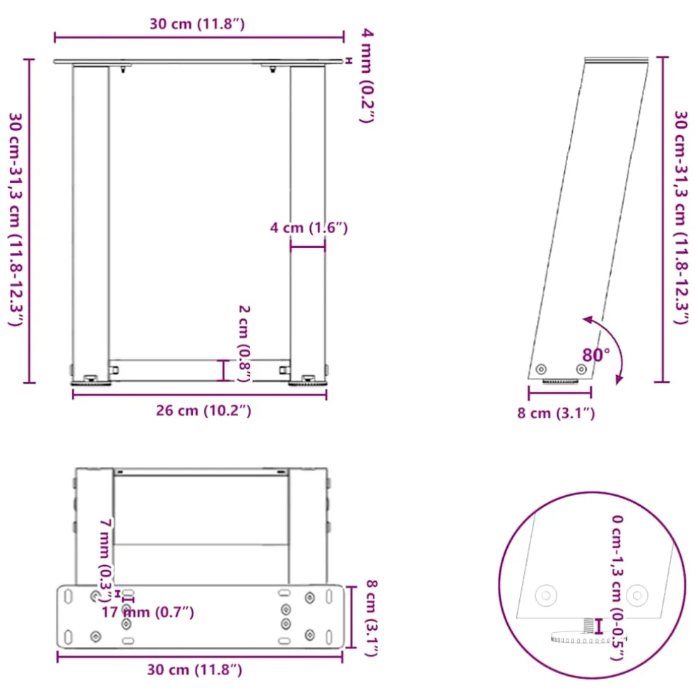 vidaXL Salontafelpoten 2 st U-vormig 30x(30-31) cm staal wit