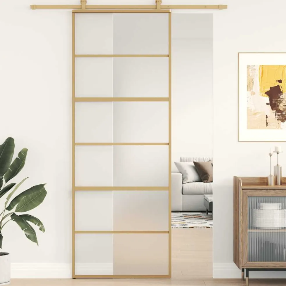 vidaXL Schuifdeur 76x205 cm mat ESG-glas en aluminium goudkleurig