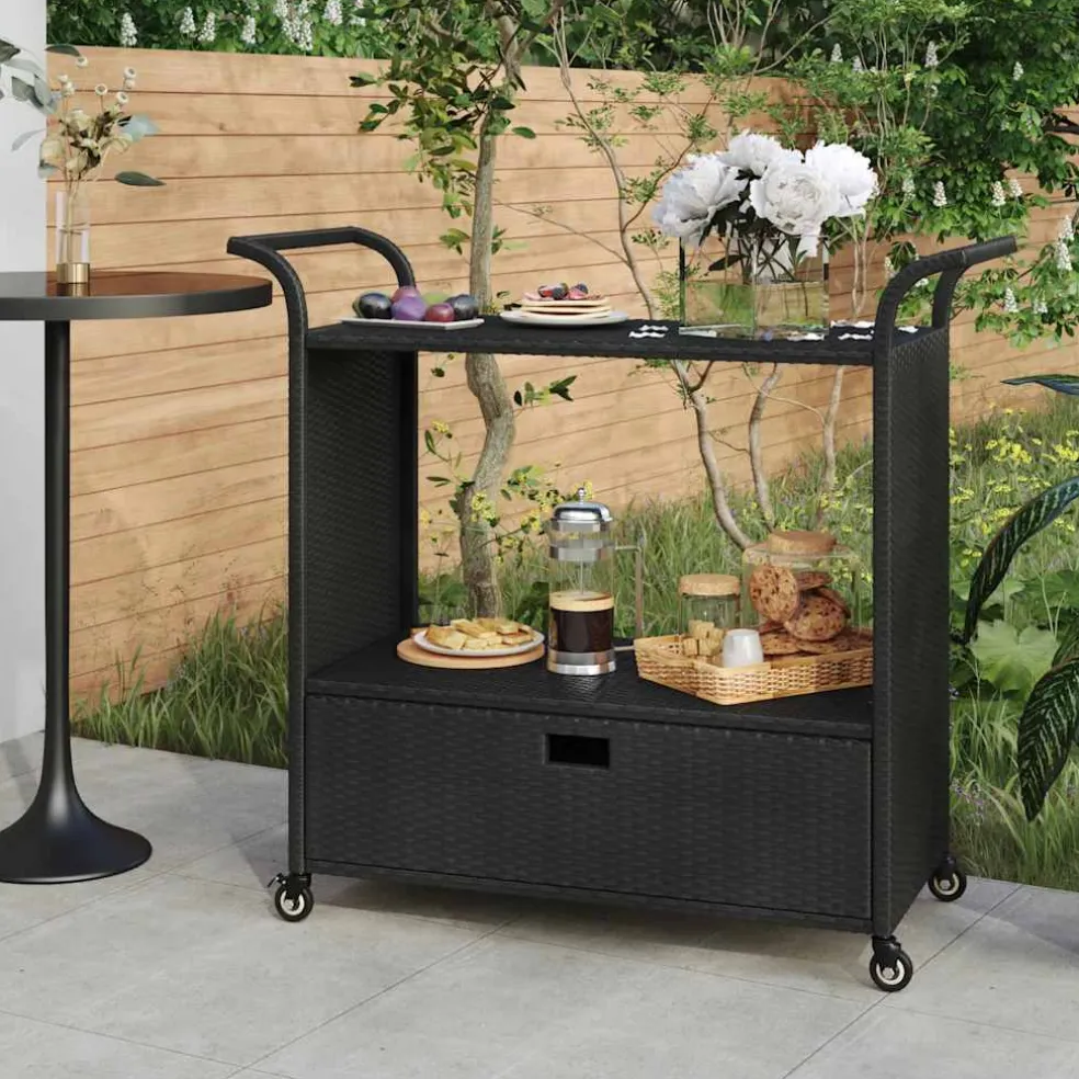 vidaXL Serveerwagen met lade 100x45x97 cm poly rattan zwart