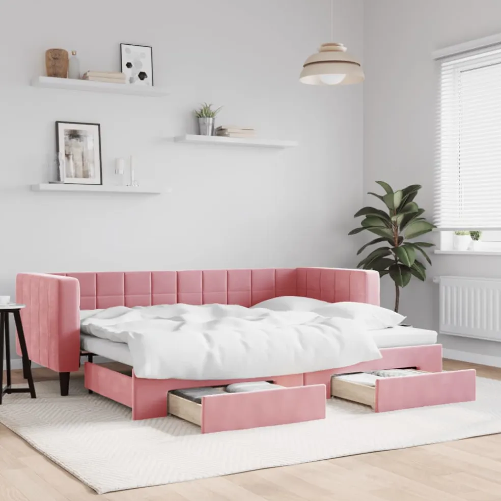 vidaXL Slaapbank met onderschuifbed en lades 80x200 cm fluweel roze