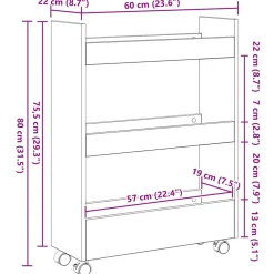 vidaXL Smalle Opbergtrolley Zwart Eiken 60 x 22 x 80 cm Bewerkt hout