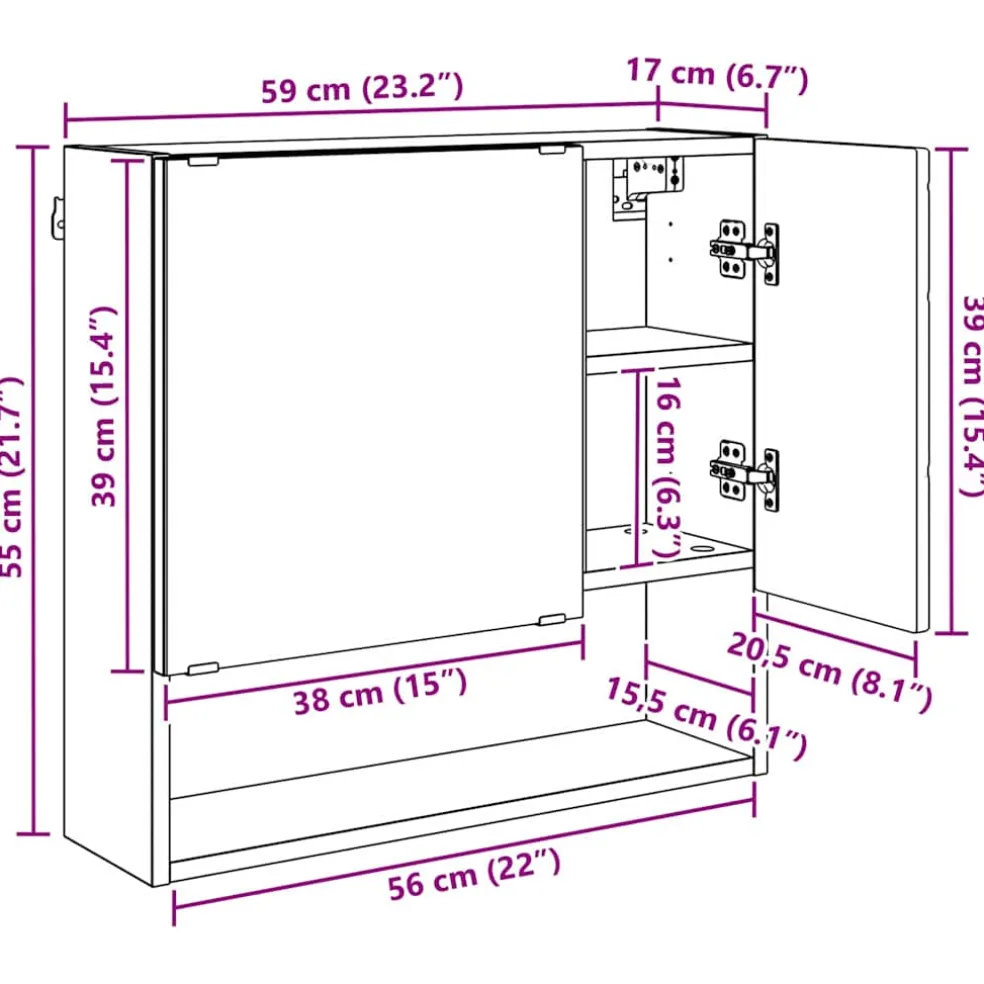 vidaXL Spiegelkast Sonoma Eiken 59 x 17 x 55 cm Bewerkt hout