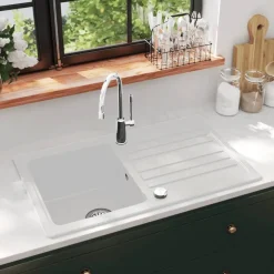 vidaXL Spoelbak graniet enkele bak met afvoer omkeerbaar wit