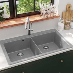vidaXL Spoelbak opbouw graniet dubbele bak grijs