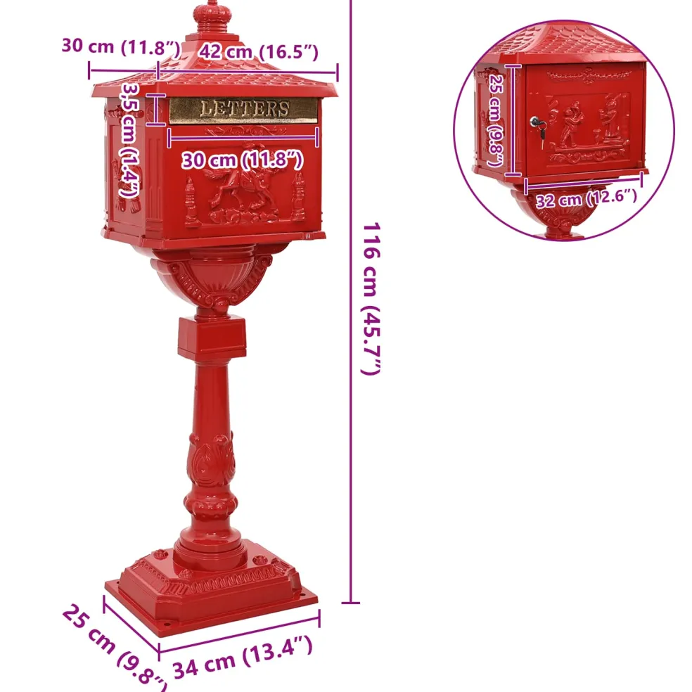 vidaXL Staande brievenbus Rood 42,5 x 29,5 x 117 cm Gegoten aluminium