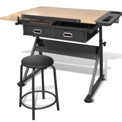 vidaXL Tekentafel met 2 lades en kruk