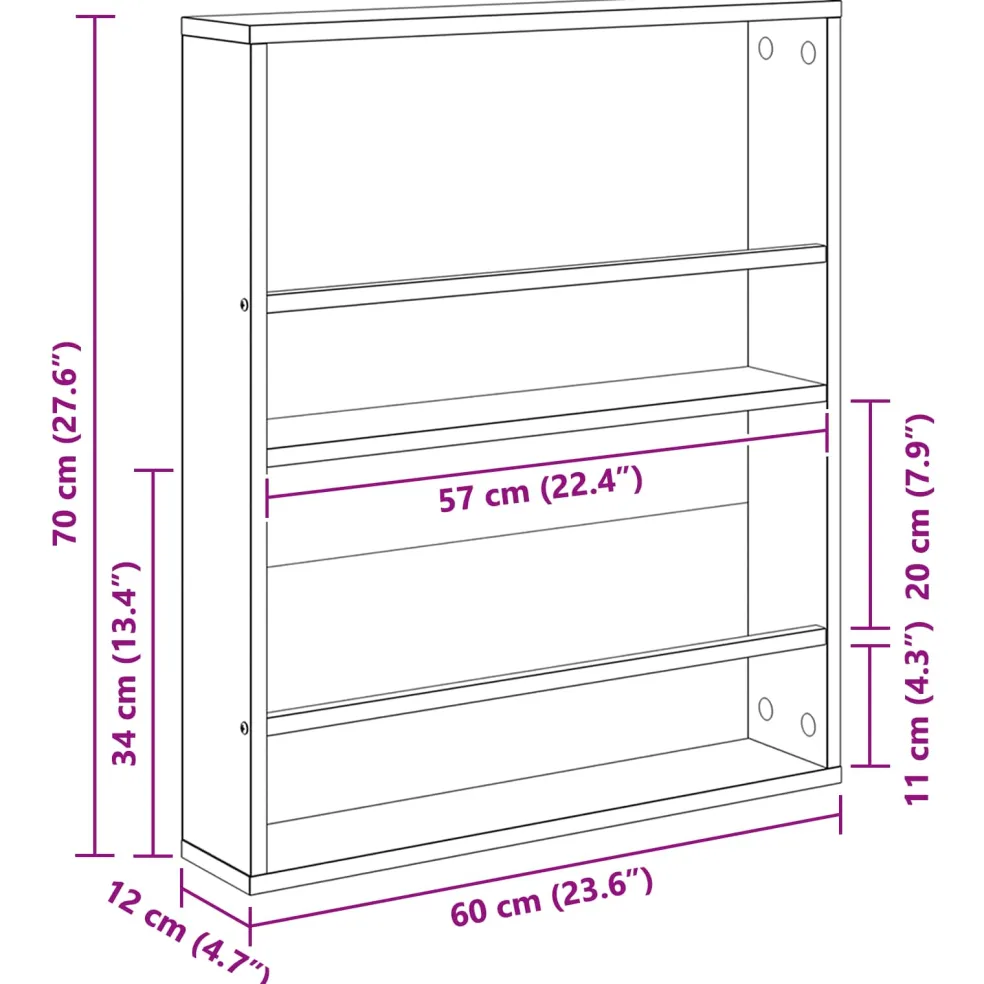 vidaXL Tijdschrift Rek Zwart Eiken 60 x 12 x 70 cm Bewerkt hout