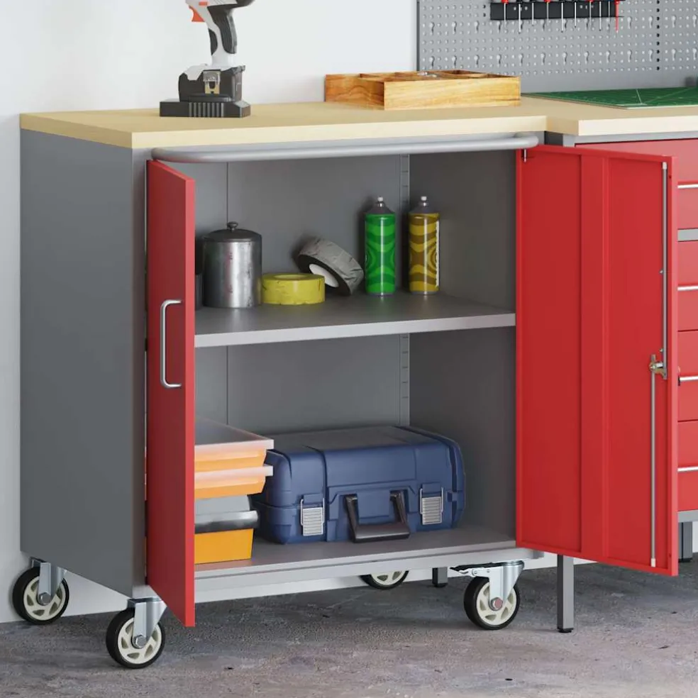 vidaXL Trolley Rolling Workbench Rood en Grijs 75 x 45 x 85 cm