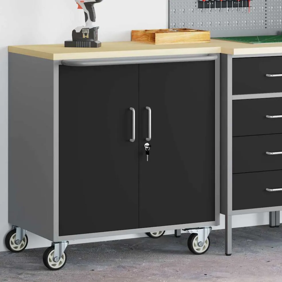 vidaXL Trolley Rolling Workbench Zwart en Grijs 75 x 45 x 85 cm