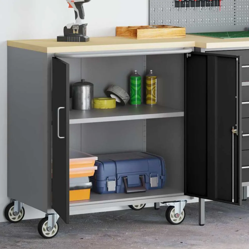 vidaXL Trolley Rolling Workbench Zwart en Grijs 75 x 45 x 85 cm