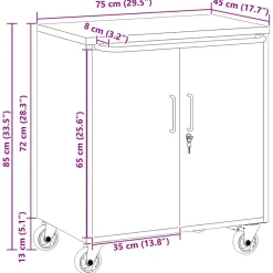 vidaXL Trolley Rolling Workbench Zwart en Grijs 75 x 45 x 85 cm