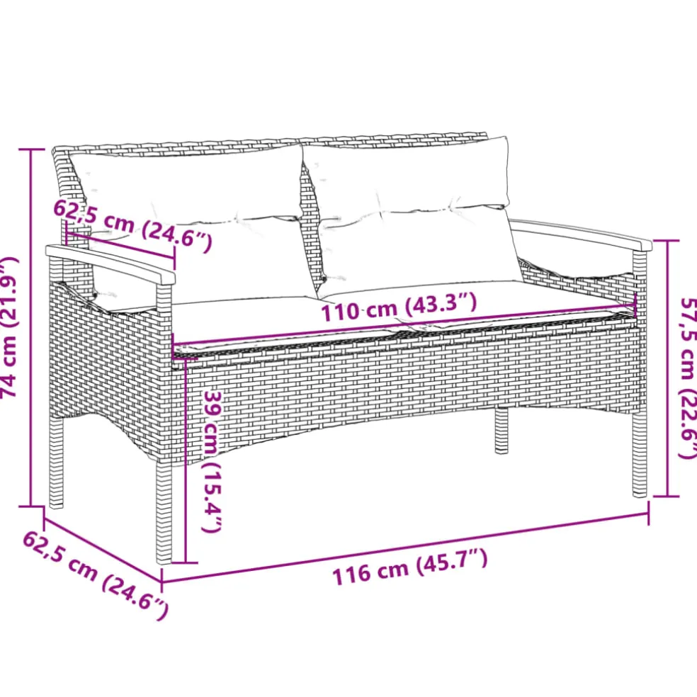 vidaXL Tuinbank met kussens 116x62,5x74 cm poly rattan beige