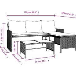 vidaXL Tuinbank met tafel en kussens L-vormig poly rattan zwart