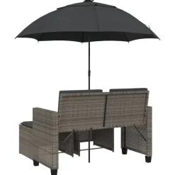 vidaXL Tuinbank 2-zits met parasol en voetenbanken poly rattan grijs