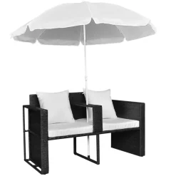 vidaXL Tuinbed met parasol poly rattan zwart