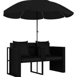 vidaXL Tuinbed met parasol poly rattan zwart
