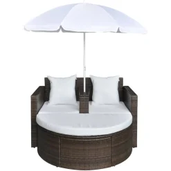 vidaXL Tuinbed met parasol poly rattan bruin