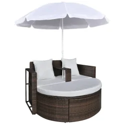 vidaXL Tuinbed met parasol poly rattan bruin
