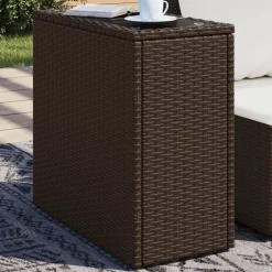 vidaXL Tuinbijzettafel met glazen blad 58x27,5x55 cm poly rattan bruin