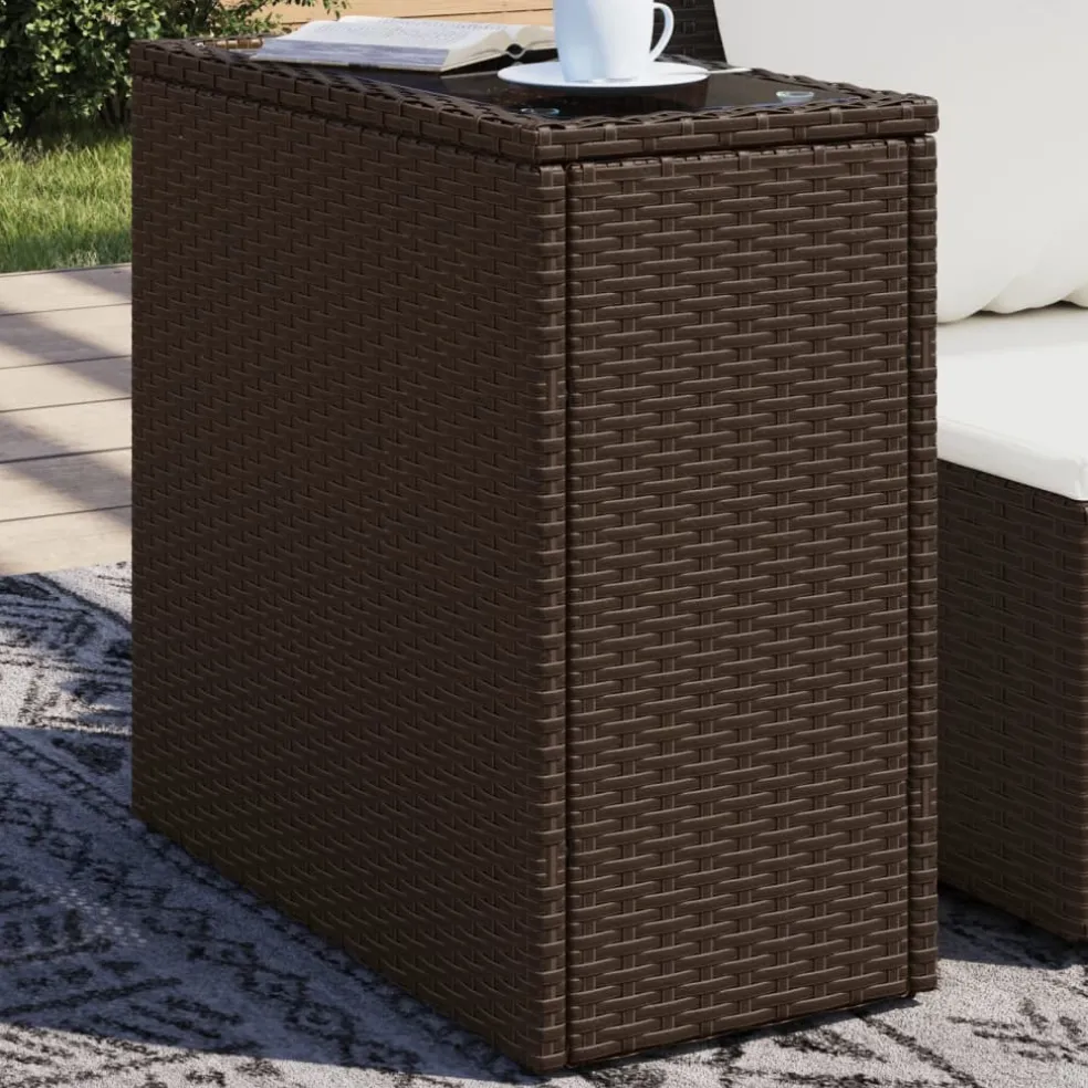 vidaXL Tuinbijzettafel met glazen blad 58x27,5x55 cm poly rattan bruin