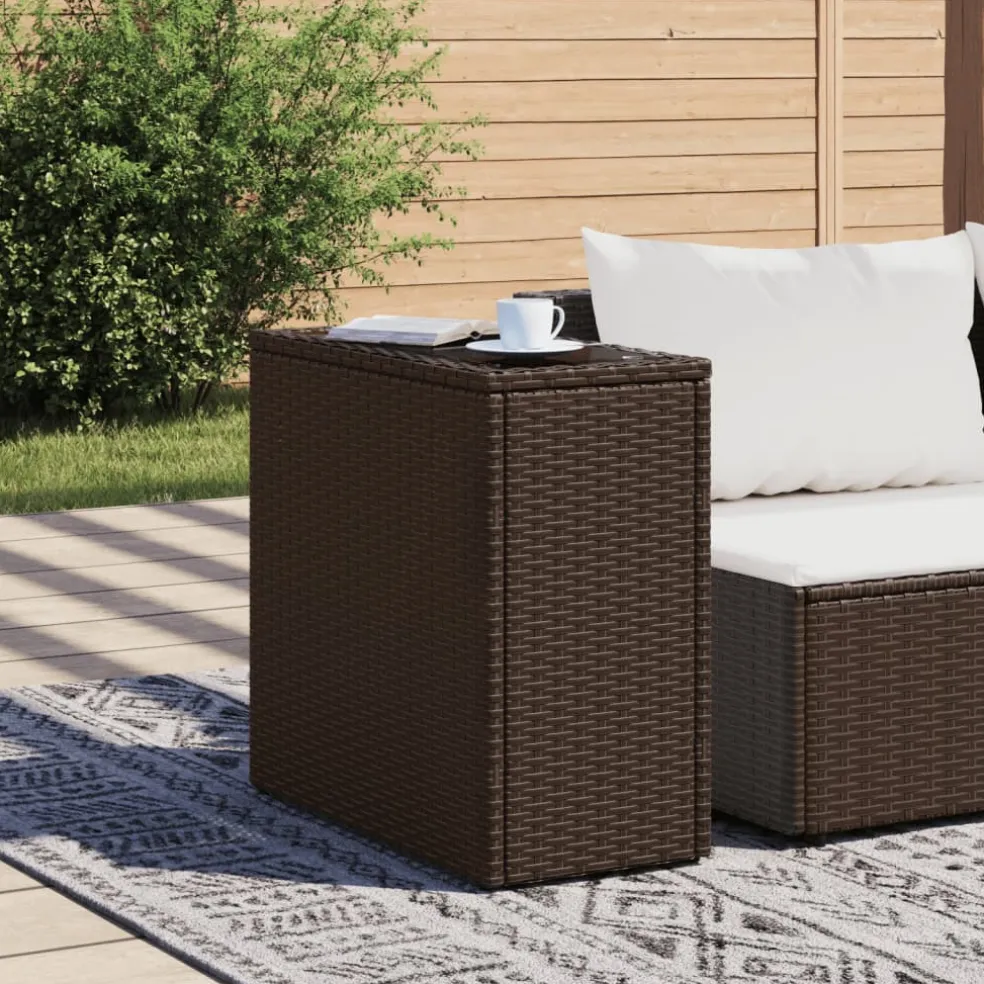 vidaXL Tuinbijzettafel met glazen blad 58x27,5x55 cm poly rattan bruin