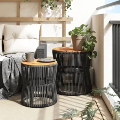 vidaXL Tuinbijzettafels 2 st met houten blad poly rattan zwart