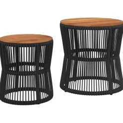 vidaXL Tuinbijzettafels 2 st met houten blad poly rattan zwart