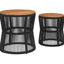 vidaXL Tuinbijzettafels 2 st met houten blad poly rattan zwart