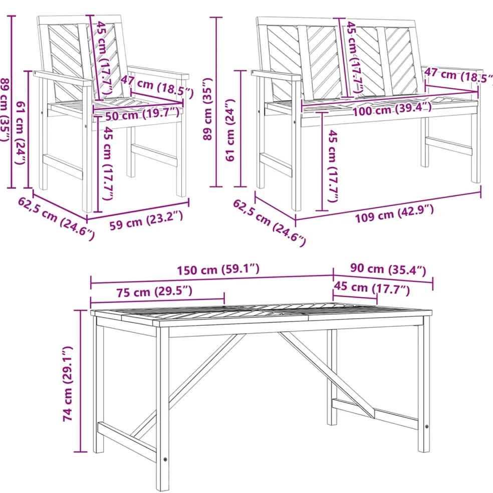 vidaXL Tuin eettafelset 6 st Bruin Massief Acaciahout