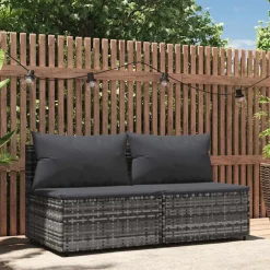 vidaXL Tuinmiddenbank met kussens 2 st poly rattan grijs