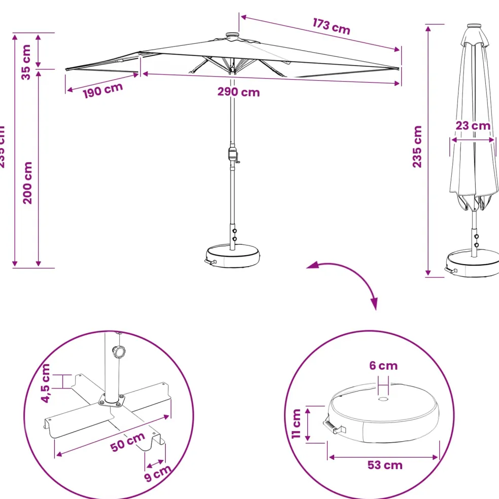 vidaXL Tuinparasol met LED-lampen en voet 200 x 300 cm Polyester
