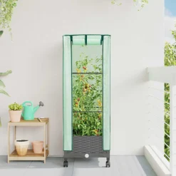 vidaXL Tuinplantenbak met Kasbedekking en Wielen Lichtgrijs PP