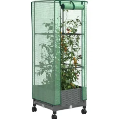 vidaXL Tuinplantenbak met Kasbedekking en Wielen Lichtgrijs PP