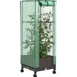 vidaXL Tuinplantenbak met Kasbedekking en Wielen Bruin PP