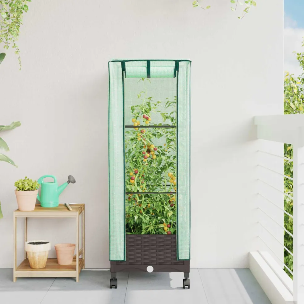 vidaXL Tuinplantenbak met Kasbedekking en Wielen Bruin PP