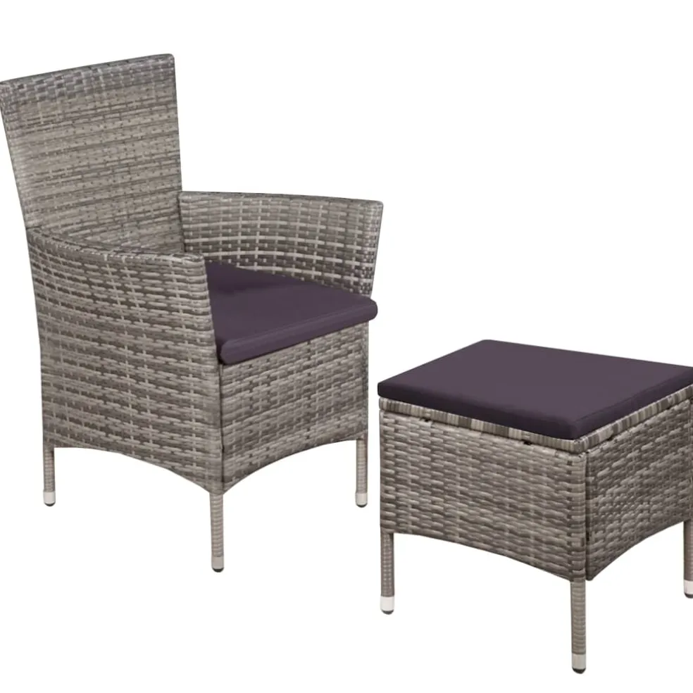 vidaXL Tuinstoel en kruk met kussens poly rattan grijs