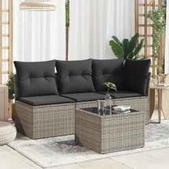 vidaXL Tuintafel met glazen blad 55x55x37 cm poly rattan grijs