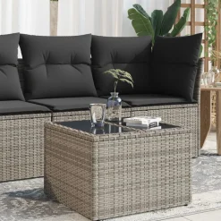 vidaXL Tuintafel met glazen blad 55x55x37 cm poly rattan grijs