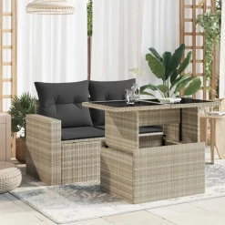 vidaXL Tuintafel met glazen blad 100x55x73 cm poly rattan lichtgrijs