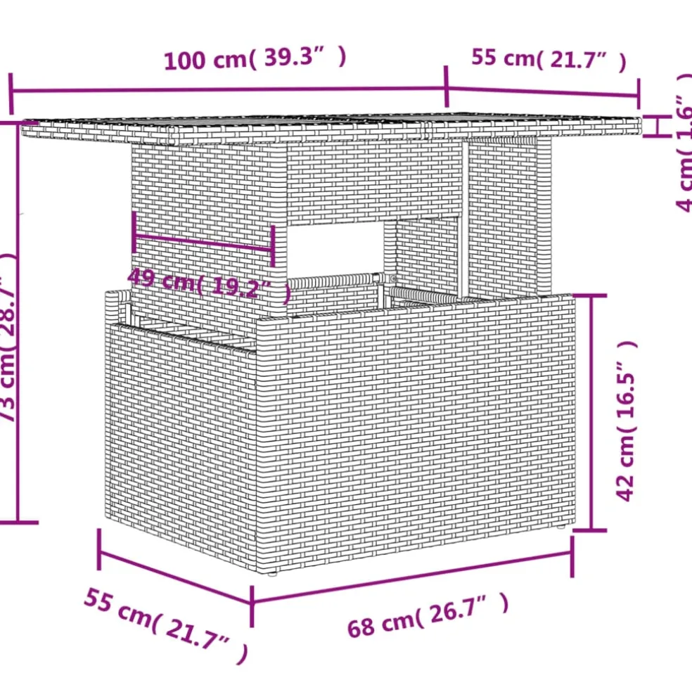 vidaXL Tuintafel met glazen blad 100x55x73 cm poly rattan lichtgrijs