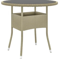 vidaXL Tuintafel Ø80x75 cm gehard glas en poly rattan beige