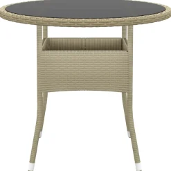 vidaXL Tuintafel Ø80x75 cm gehard glas en poly rattan beige