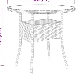 vidaXL Tuintafel Ø80x75 cm gehard glas en poly rattan zwart