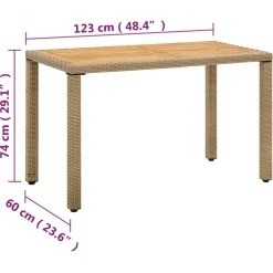 vidaXL Tuintafel 123x60x74 cm poly rattan en massief acaciahout beige