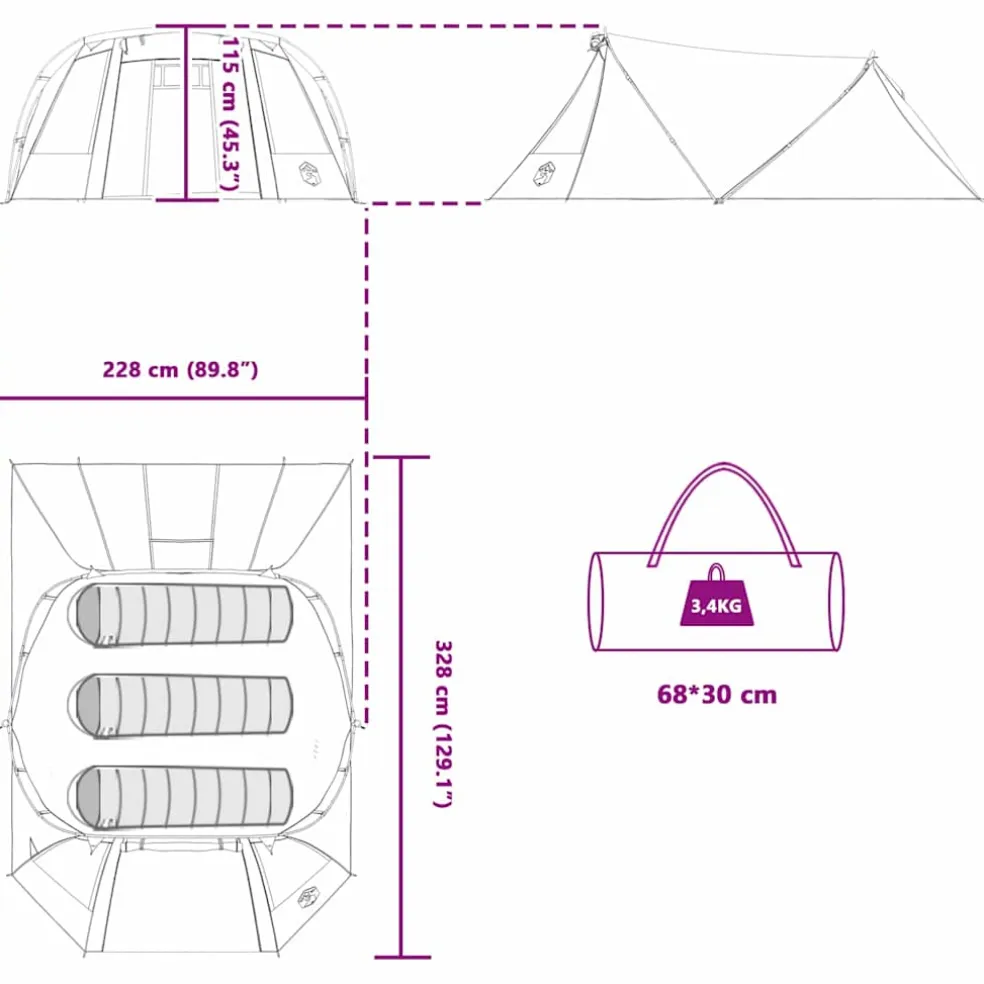vidaXL Tunnel Tent 3-Person 3-persoons Blauw en Grijs