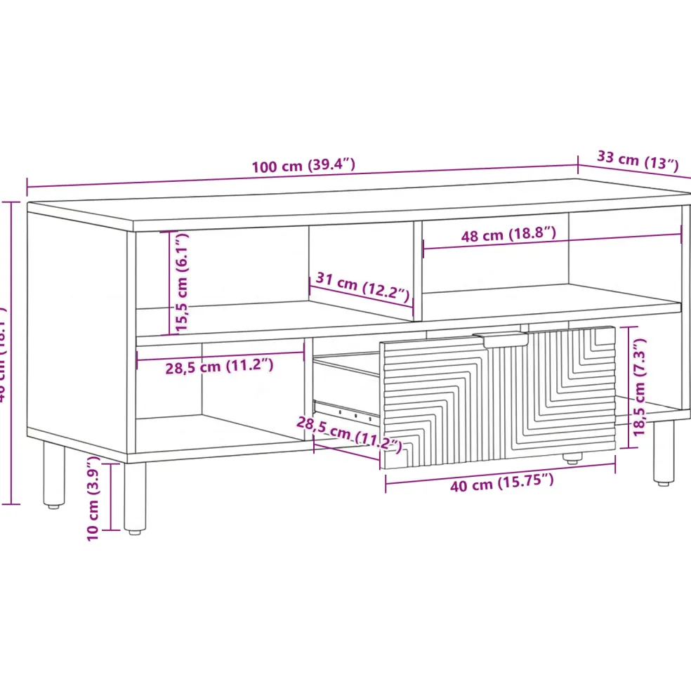 vidaXL TV-kast met lade Bruin 100 x 33,5 x 46 cm Massief Mango Hout