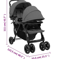 vidaXL Tweelingkinderwagen tandem staal donkergrijs