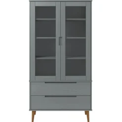 vidaXL Vitrinekast MOLDE 90x35x175 cm massief grenenhout grijs