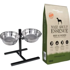 vidaXL Voerstand en kom met hondenvoer Zilver en Zwart 50 x 29 cm