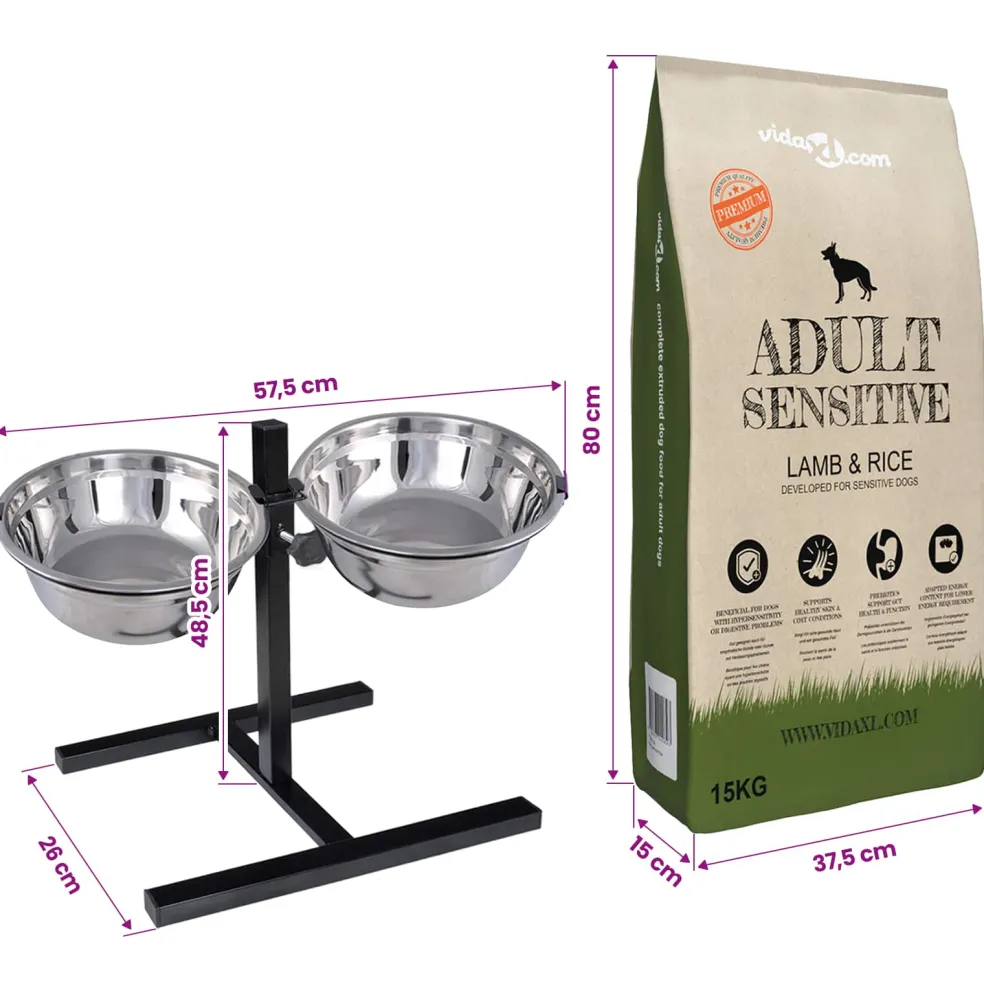 vidaXL Voerstand en kom met hondenvoer Zilver en Zwart 57,5 x 26 cm